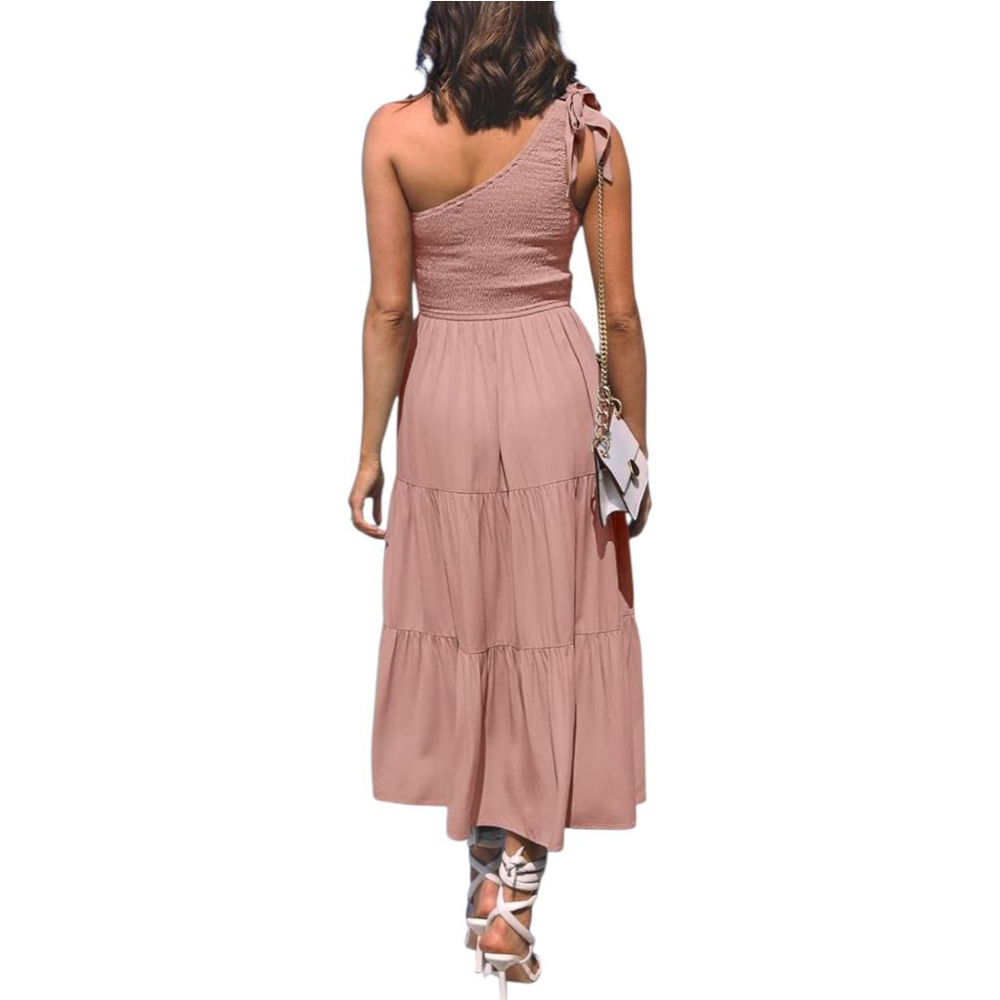 MEROKEETY Medium Pink Summer One Shoulder Sleeveless Knot Smocked Midi Dress - Picture 3 of 8